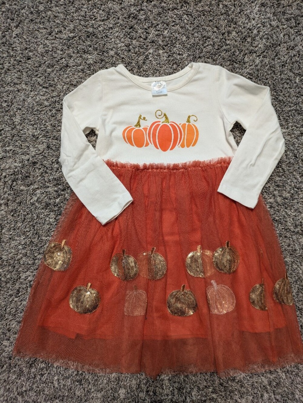 Girls Pumpkin Tulle Dress with Gold Sequin Pumpkins - Orange & Cream